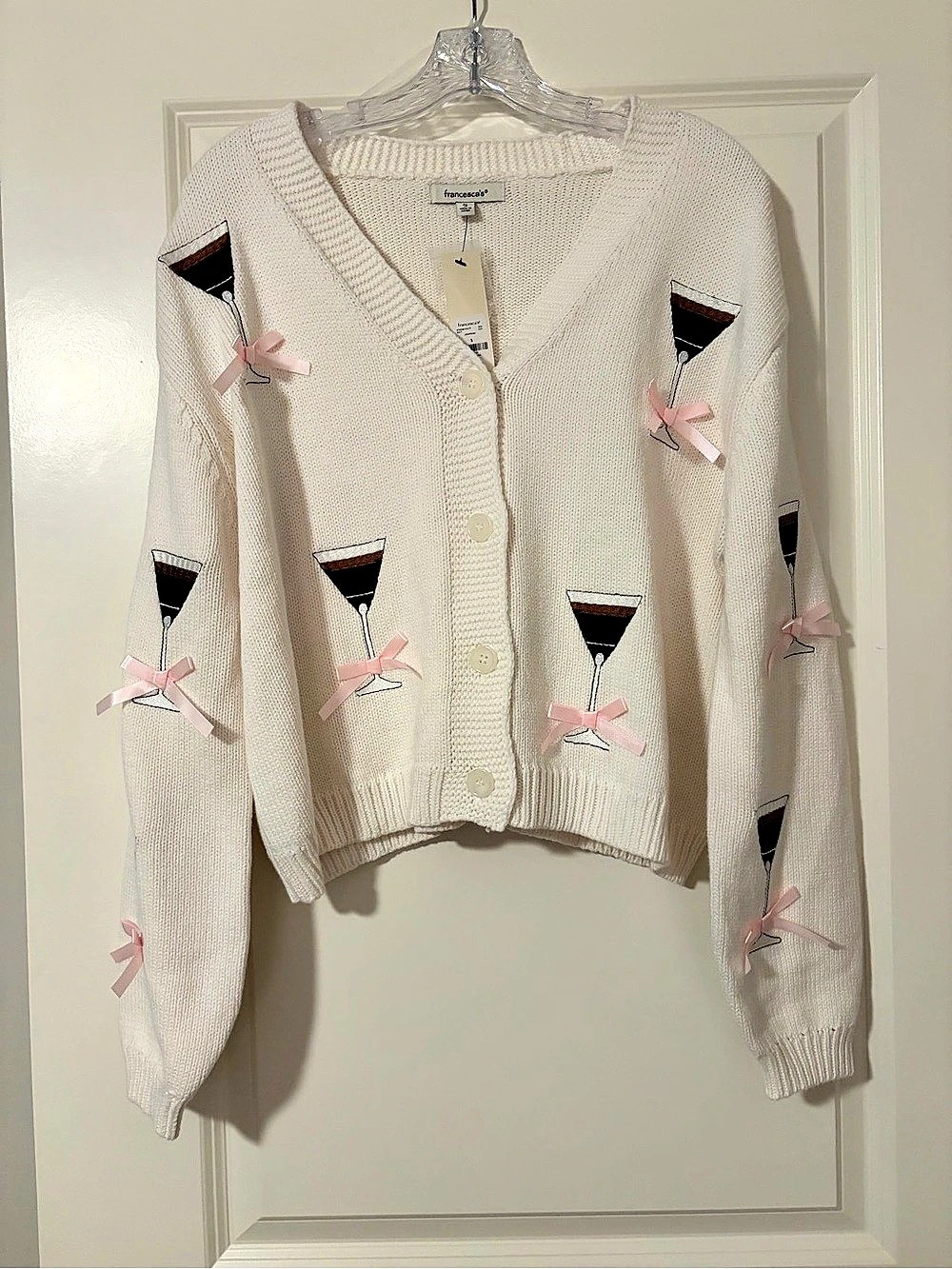 Francesca’s Espresso Martini Button Down Cardigan - Cream & Pink - Size Small